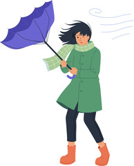 Windy Day with Woman Holding Broken Umbrella