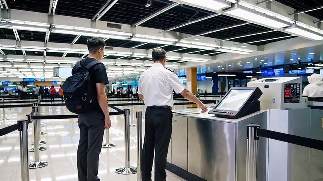 Security officer checking passenger documents during airport screening procedure before boarding flight at terminal gate