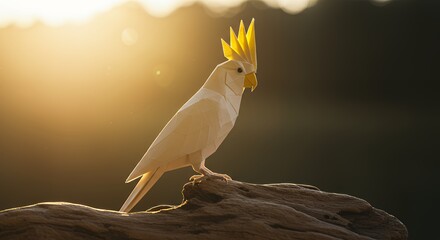 Standing Paper Cockatoo Artwork with Sunrise Background on Branch Outdoors