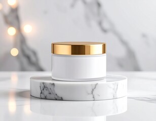 Elegant Skincare Product Shot: Minimalist Cream Jar with Gold Details on Marble