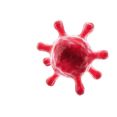 Detailed close-up of a red virus cell on a white isolated background, showcasing its spiky structure, representing microorganisms and their impact on health and disease.