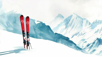 A pair of bright red skis stand in snow, with mountain peaks painted in cool blues and whites, creating a calm, beautiful scene, suggesting outdoor fun. - Powered by Adobe