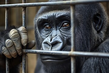 Gorilla Behind Bars Sad Captive Expression