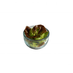 Fresh green and red lettuce leaves in a clear glass bowl, perfect for healthy eating or salad preparation, on a white isolated background.