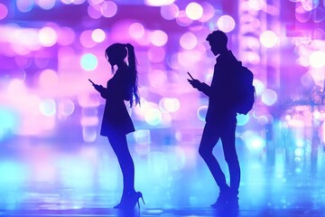 Man and Woman Outdoors Looking at Smartphones Urban Connection