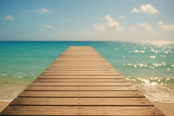 Serene ocean view from a wooden pier leading into turquoise waters. copy space. summer background