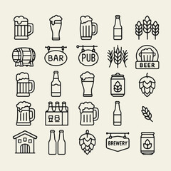 Black and white outline vector icons set featuring beer mugs, bottles, barley, hops, cans, pub signs, and brewery elements. Clean and minimal design for labels, prints, and branding.