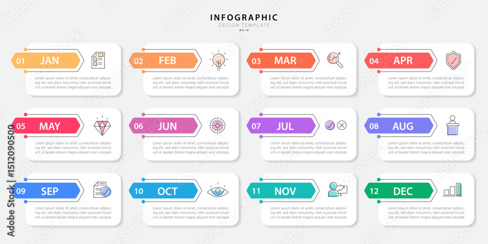 Poster timeline creator infographic template. 12 months timeline journey, 1 year calendar infographics desi