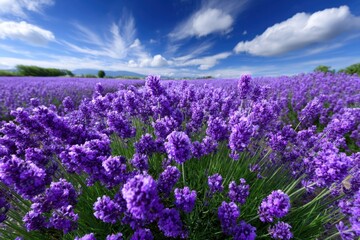 Lavender field under a bright blue sky with fluffy clouds on a sunny day