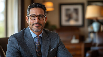 Fototapeta premium Portrait of a confident mature businessman wearing glasses in his office smiling at the camera tie suit gray blue.