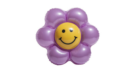 Purple inflatable flower shaped balloon with a yellow smiley face in the center, isolated on a transparent background, perfect for party decorations, celebrations, and joyful events