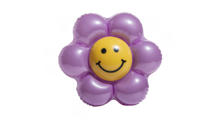 Purple inflatable flower shaped balloon with a yellow smiley face in the center, isolated on a transparent background, perfect for party decorations, celebrations, and joyful events