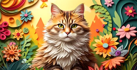 Siberian cat with the fresh garden in quilling paper style.