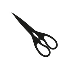 Minimalist black silhouette of scissors with sharp blades and ergonomic handles, isolated on a white background. Perfect for design or educational use.