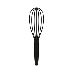 Minimalist black silhouette of a kitchen whisk on a white background, ideal for culinary, baking, or kitchen-related design and branding.