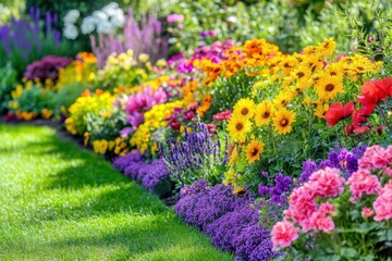 Obraz premium Garden filled with colorful flowers outdoors vibrant blooms.