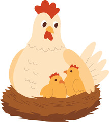 Mother Hen Sitting on Nest with Chicks