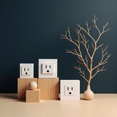 Visualize modern electrical connectivity options with various white power outlets displayed on natural wood blocks alongside minimalist decor elements against a dark background
