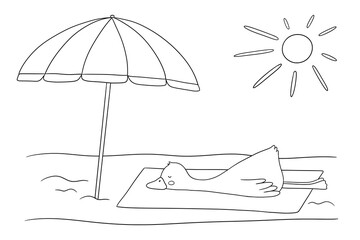 Cute baby goose lies on beach, sunbathing under summer sun. Funny cartoon outline bird isolated on white background for childish coloring book and page