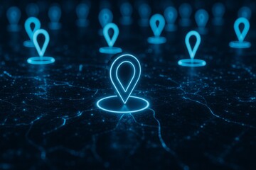 Glowing Neon Location Pins Digital Map Network Technology Abstract Background Futuristic Modern Design Blue Light Elegant Shiny Glowing Markers Global Positioning System Navigation App Interface      