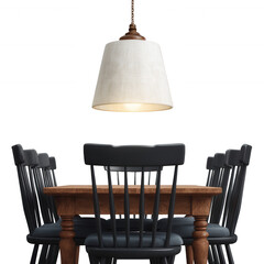 Stylish wooden dining table with black chairs under a modern lamp, creating a cozy atmosphere for family gatherings and meals.