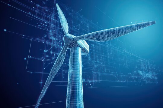 Wind turbine blueprint on digital blue background