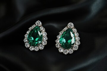 Emerald diamond earrings on black silk backdrop