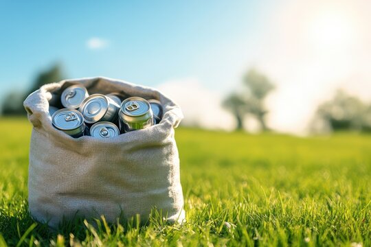 Reusable bag of cans on grass under sun