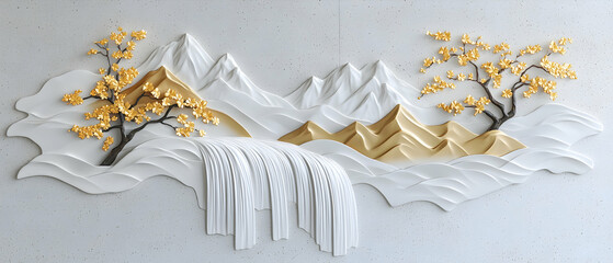 Elegant White Wall Decor With Gold Mountain Landscape
