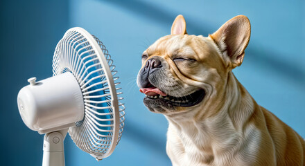French Bulldog  in Front of Electric Fan Blowing Wind Directly Towards Dog Face Against Blue Empty Background 