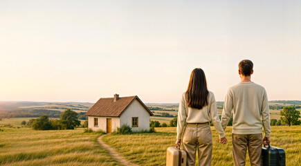Man and Woman  Standing Together Holding Suitcases and Facing Cottage House in Distance, Rural Country Side Landscape Background with Copy Space