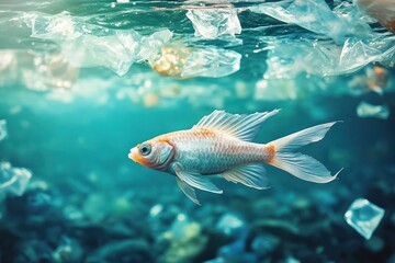 Fish swims through plastic-polluted ocean waters