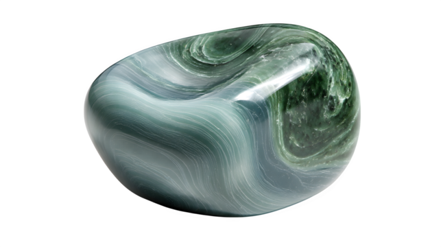 Palm-sized jade stone with polished surface and swirling green hues, isolated on white background