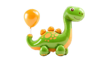 Obraz premium Green and orange inflatable dinosaur balloon toy holding an orange balloon, isolated on transparent background, perfect for kids party decorations, creating a playful and festive atmosphere