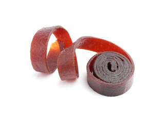 Delicious fruit leather roll on white background