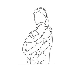 Continuous single line drawing of happy mom mother with baby kids newborn toddler. Vector illustration sketch editable stroke