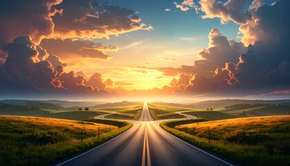 Naklejka premium A forked road under a vast sky symbolizes life choices and transitions.