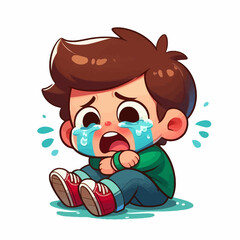 Cute Crying Little Boy Sitting - Sad Child Cartoon Illustration