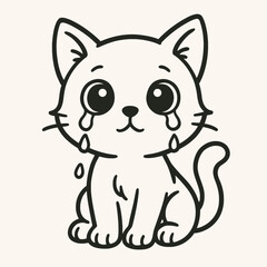 Cute Crying Kitten - Sad Cartoon Cat Line Art Illustration