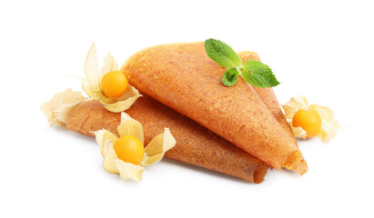Delicious fruit leather rolls and physalis isolated on white