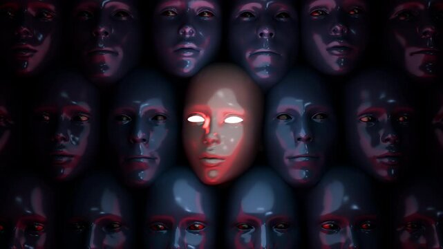 Glowing Robotic Faces Wall Creepy Sci-Fi Concept VJ Loop 4K
