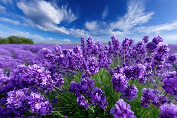 Obraz premium Purple lavender flowers bloom under a vibrant blue sky in the countryside during summer