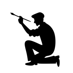 Naklejka premium Minimalist Silhouette Kneeling Artist with Brush Creating Artwork Illustration Graphic