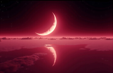 Crescent Moon under Scarlet Night Sky