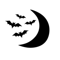 Silhouette Bats Flying around Crescent Moon Dark Night Illustration