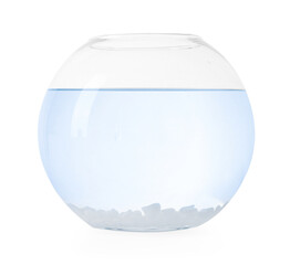 Glass aquarium with clear water and rocks isolated on white