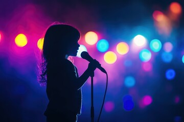 Obraz premium Silhouetted child sings on stage with concert lights