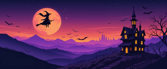 Halloween witch flying over haunted house with spooky atmosphere and full moon background