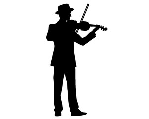 Fototapeta premium Violinist silhouette, man playing violin black and white image, icon isolated on white background 