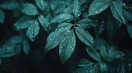 Fototapeta premium Close-up view of lush, teal-toned leaves with water droplets.